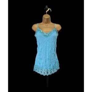 Vintage Weavers Girl Y2K Lace Trim Tank Cami Blue Crinkle Sequin 90s Layers Lge